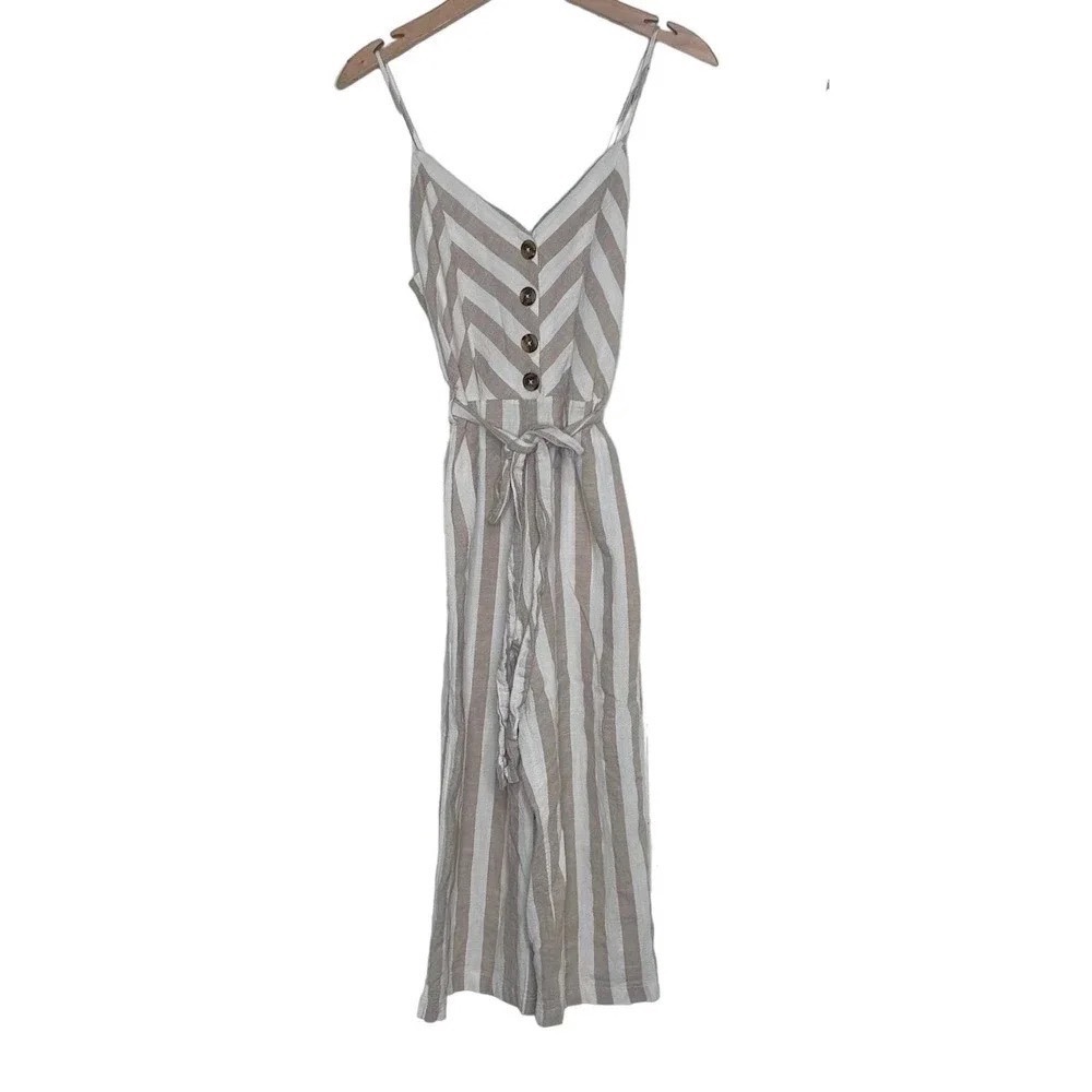 Kensie Jeans Jumpsuit S‎ Beige Striped Wide Leg Faux Button Tie Waist Culotte